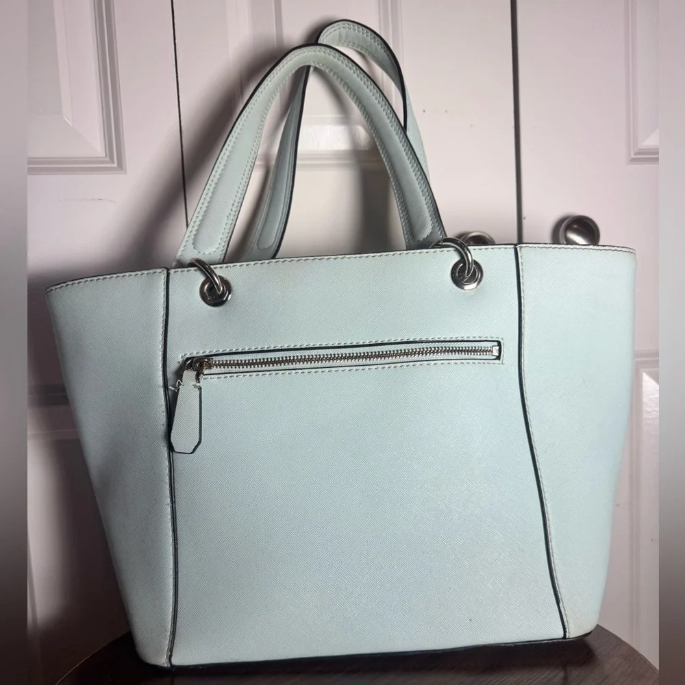 GUESS 1981 Teal Structured Tote Bag Large Zip Top Work Shoulder Purse - Picture 4 of 9